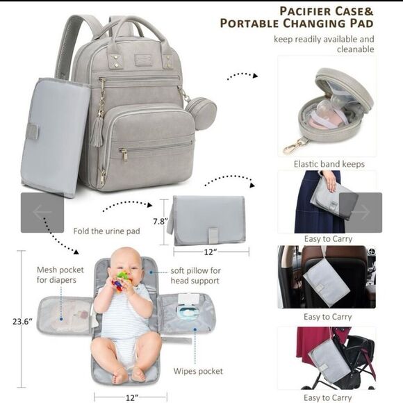 ROSEGIN Vegan Premium Leather Diaper Bag Backpack for Boy Girl Gray - Picture 12 of 13